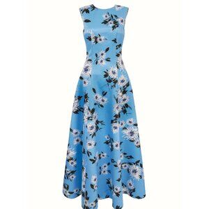NODIN GOWN IN BLUE DAHLIA FLORAL PRINT TAFFETA FAILLE
